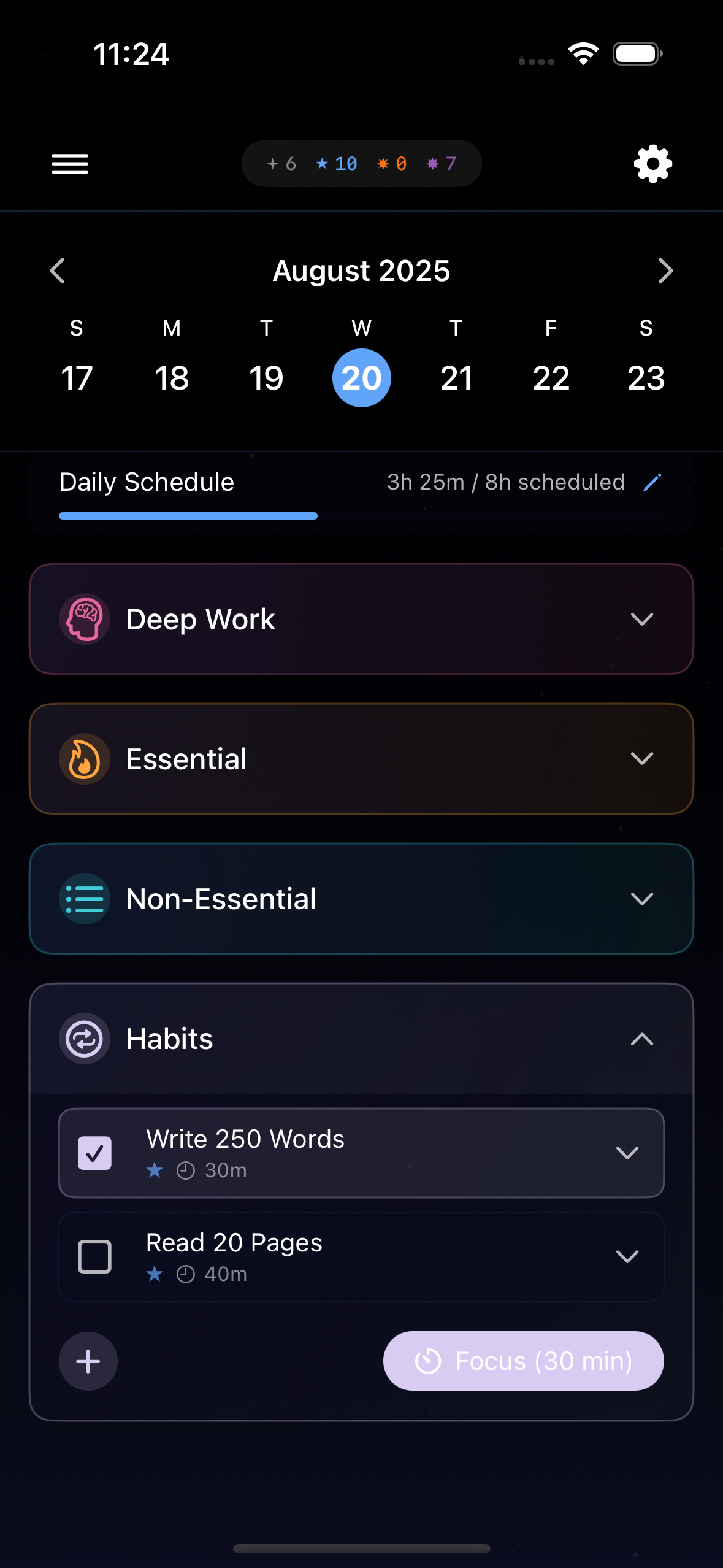 Creating new tasks with focus levels